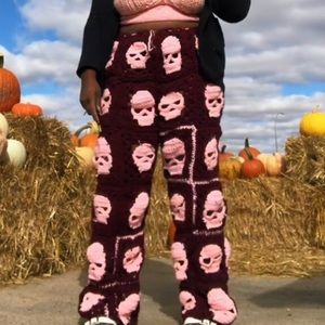 Crochet Granny Square Skull Pants Pink Magenta Burgundy Plus Size XL-3XL